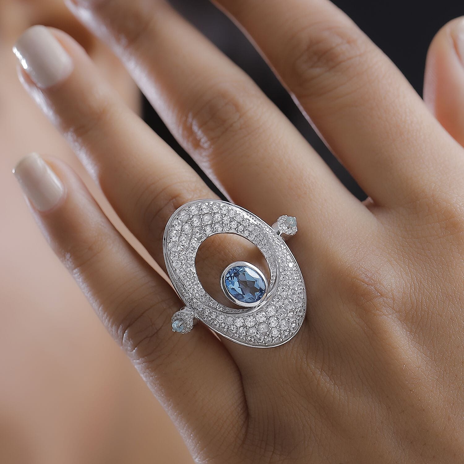 GP Celestial Collection - Swiss Blue Topaz, Blue Sapphire, Blue Apatite & White Zircon Ring in Rhodium Sterling Silver 4.87 Ct.