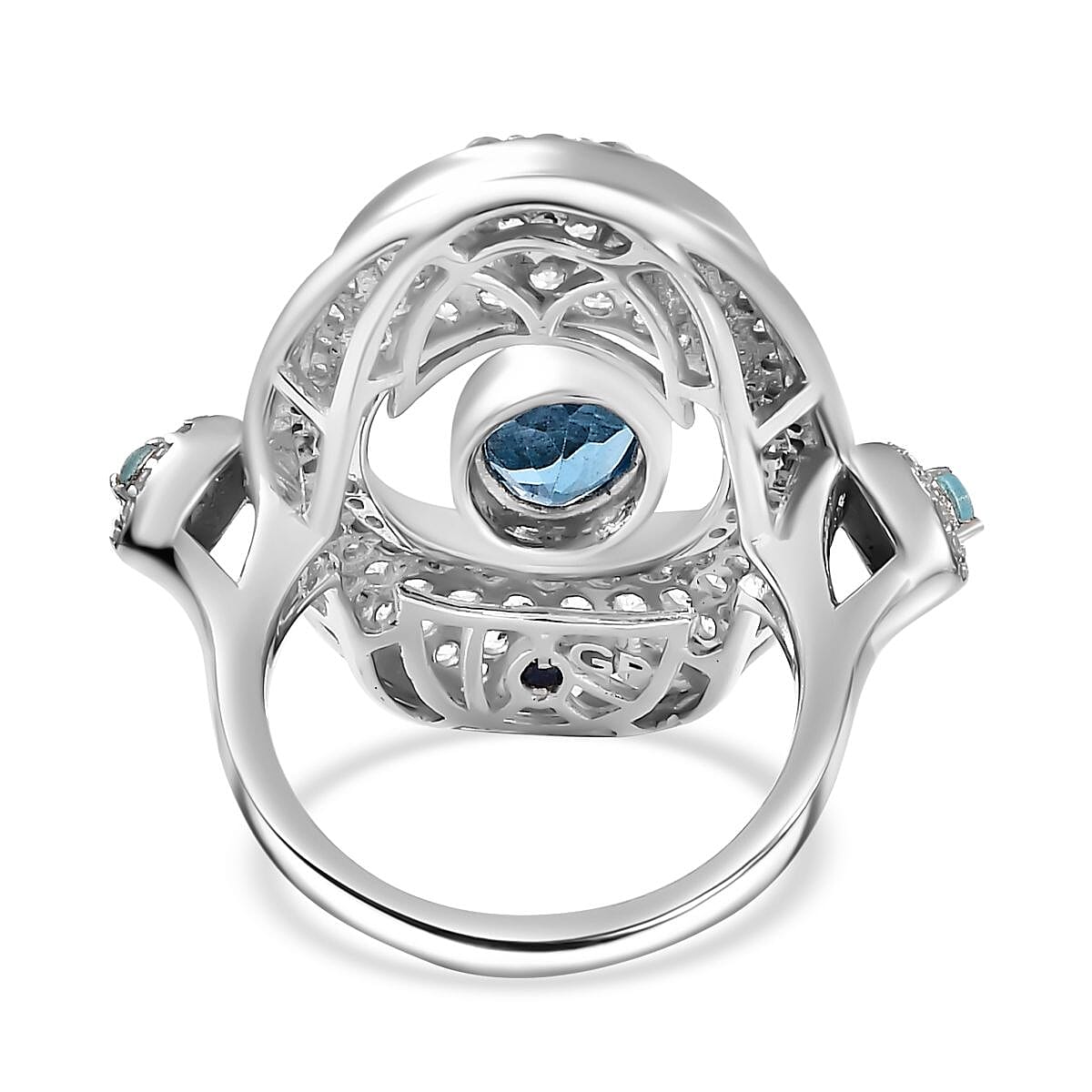 GP Celestial Collection - Swiss Blue Topaz, Blue Sapphire, Blue Apatite & White Zircon Ring in Rhodium Sterling Silver 4.87 Ct.