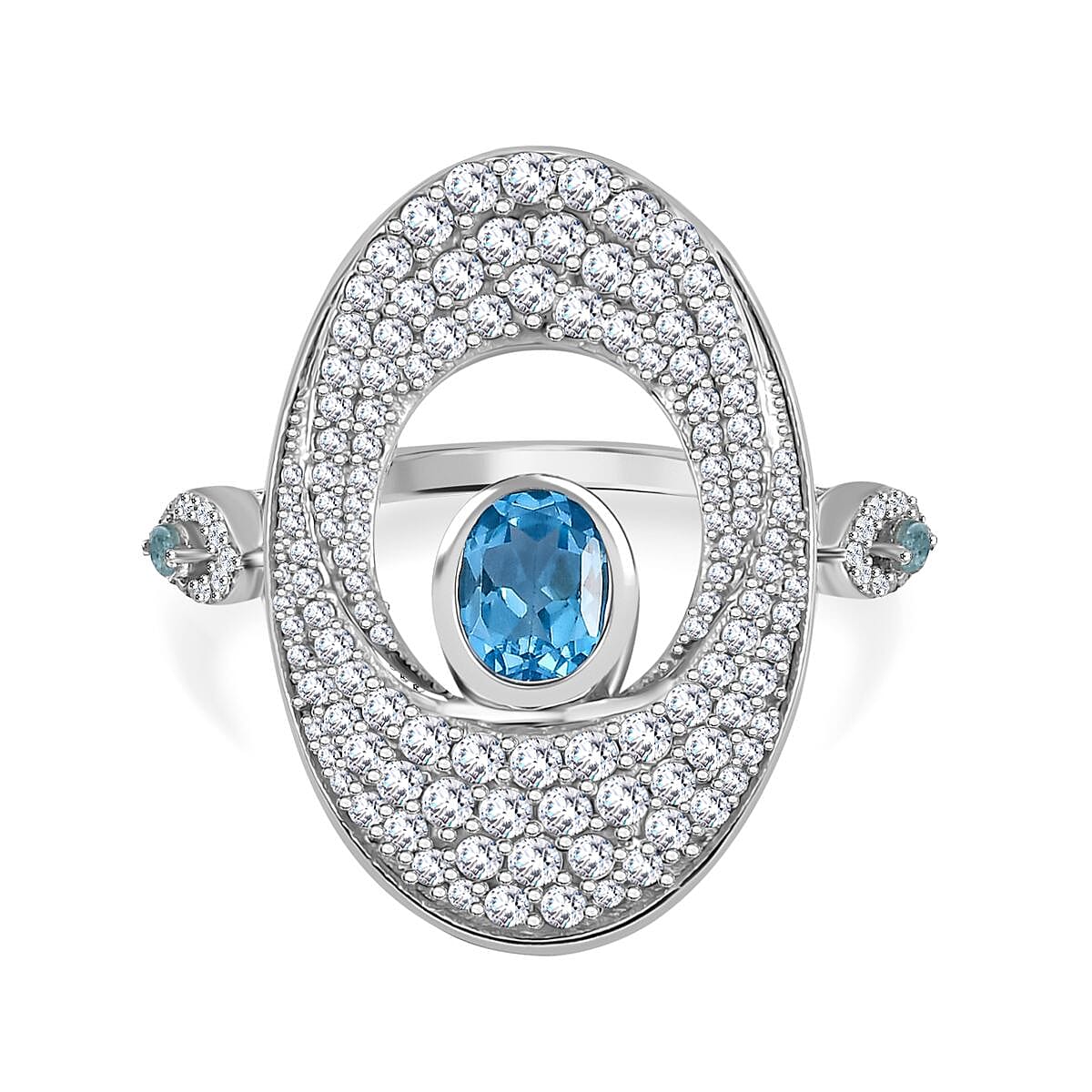 GP Collection - Swiss Blue Topaz, Blue Apatite and White Zircon Ring in Rhodium Overlay Sterling Silver 4.87 Ct.