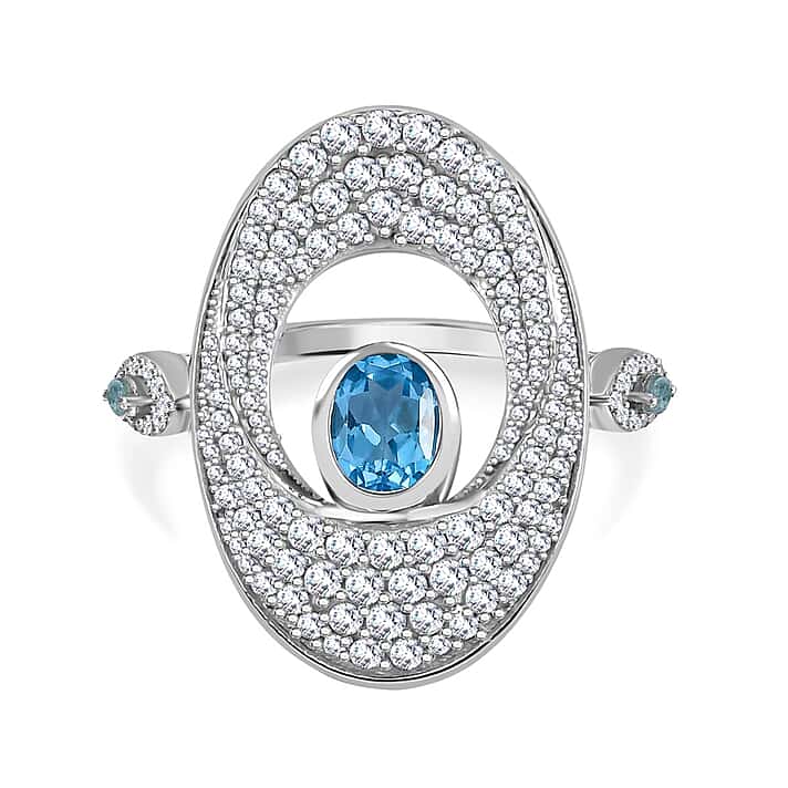 GP Collection - Swiss Blue Topaz, Blue Apatite and White Zircon Ring in Rhodium Overlay Sterling Silver 4.87 Ct.