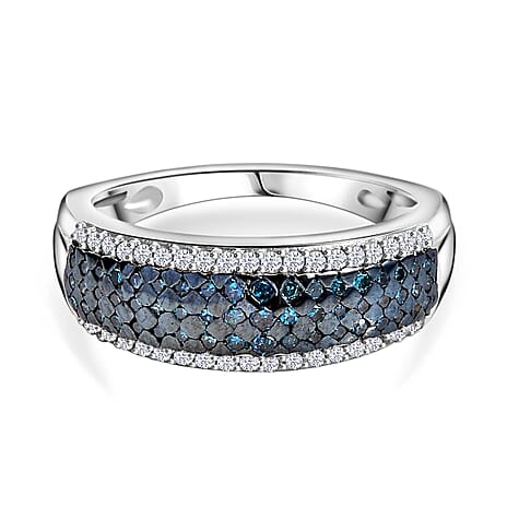 White Diamond & Blue Diamond Ring in Rhodium Overlay Sterling Silver 0.50 Ct.