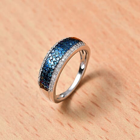 White Diamond & Blue Diamond Ring in Rhodium Overlay Sterling Silver 0.50 Ct.