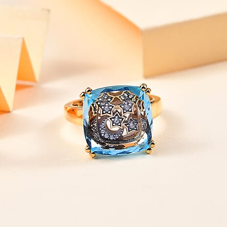 GP Celestial Collection Skyblue Topaz, Blue Sapphire & White Zircon  Ring in 18K Vermeil Yellow Gold Plated Sterling Silver 8.91 Ct.