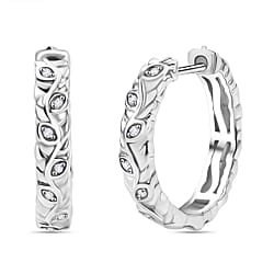 White Diamond J Hoop Half Hoop Earring with Clasp in Rhodium Overlay Sterling Silver