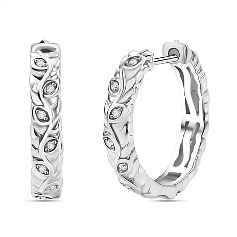 White Diamond J Hoop Half Hoop Earring with Clasp in Rhodium Overlay Sterling Silver 0.15 Ct.