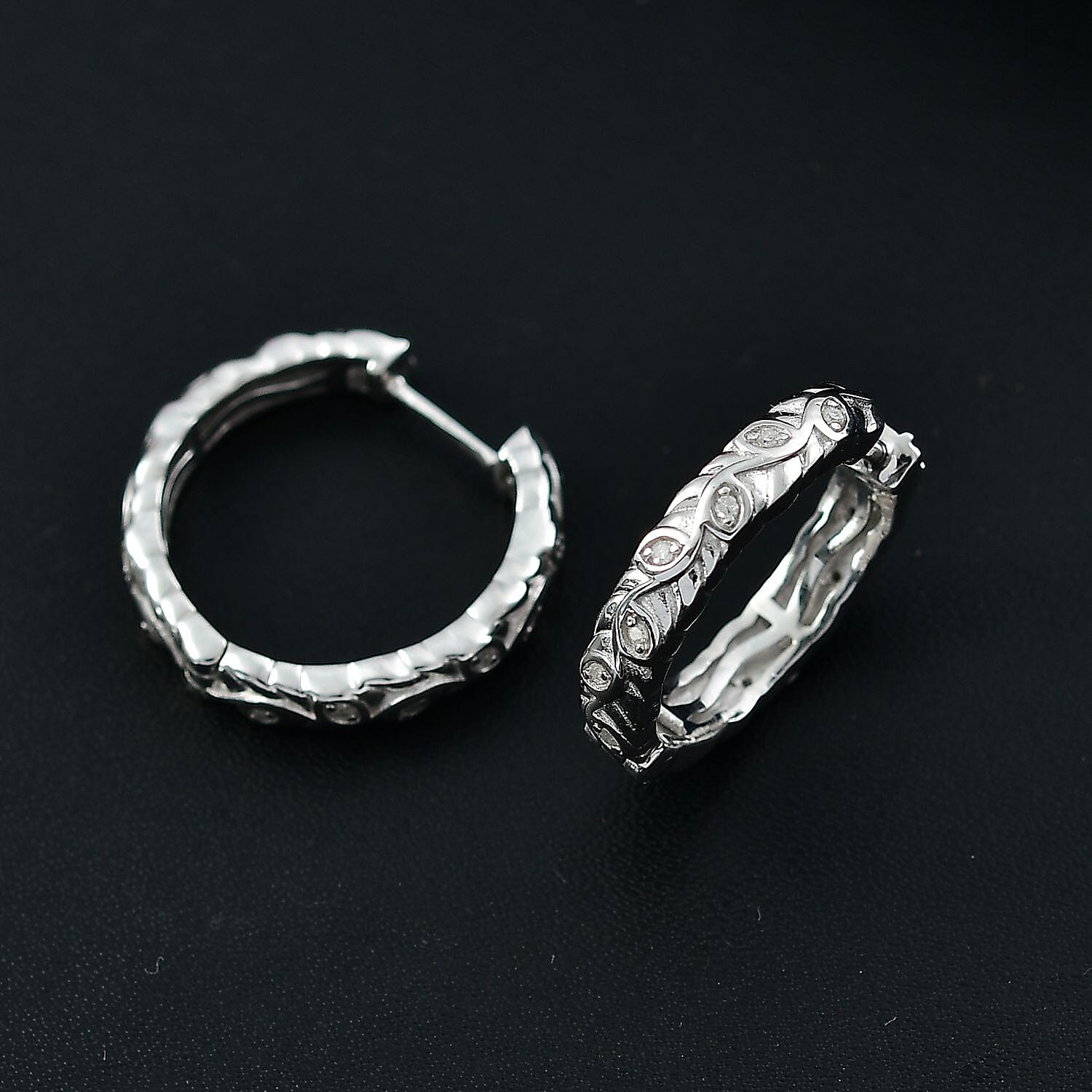 White Diamond J Hoop Half Hoop Earring with Clasp in Rhodium Overlay Sterling Silver 0.15 Ct.