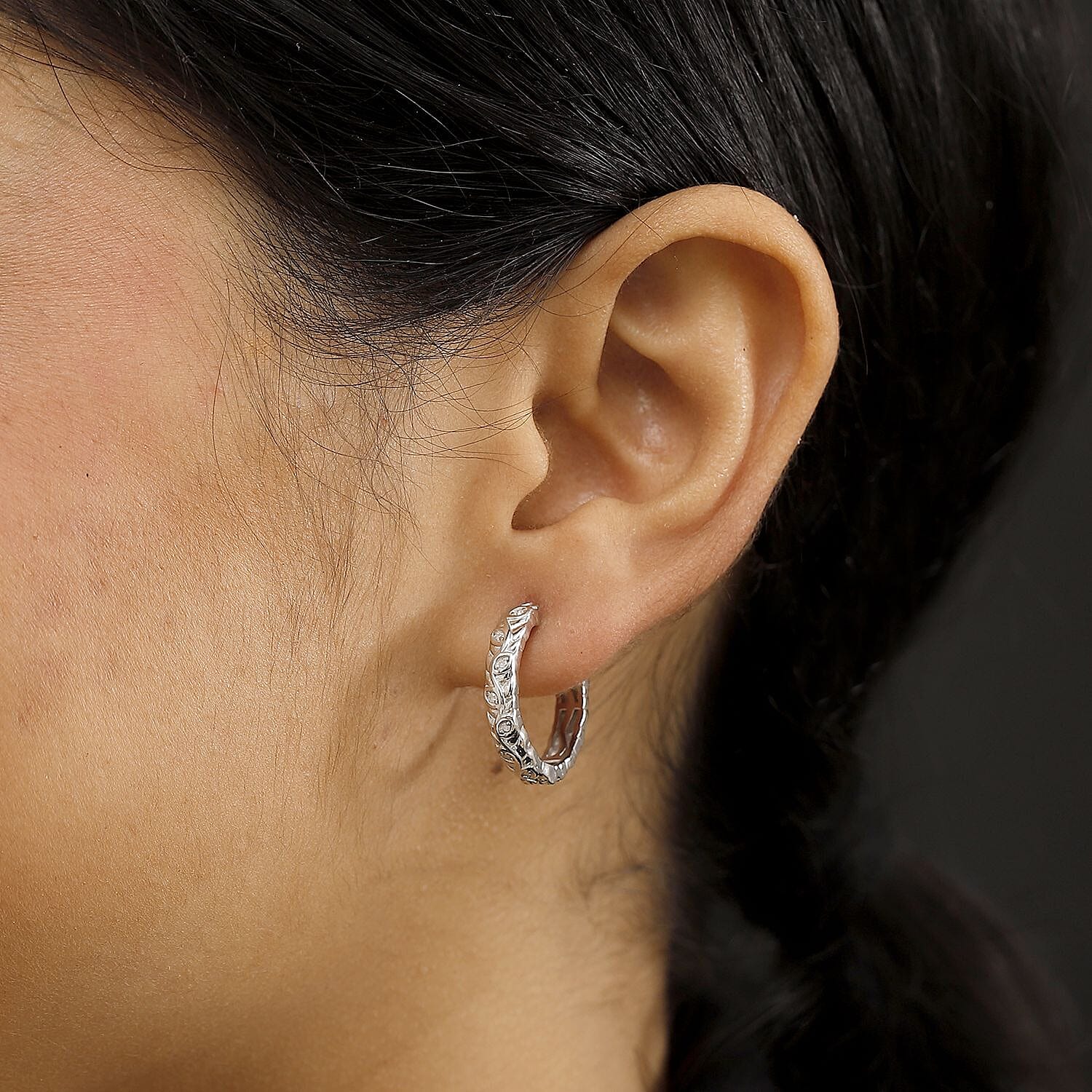 White Diamond J Hoop Half Hoop Earring with Clasp in Rhodium Overlay Sterling Silver 0.15 Ct.