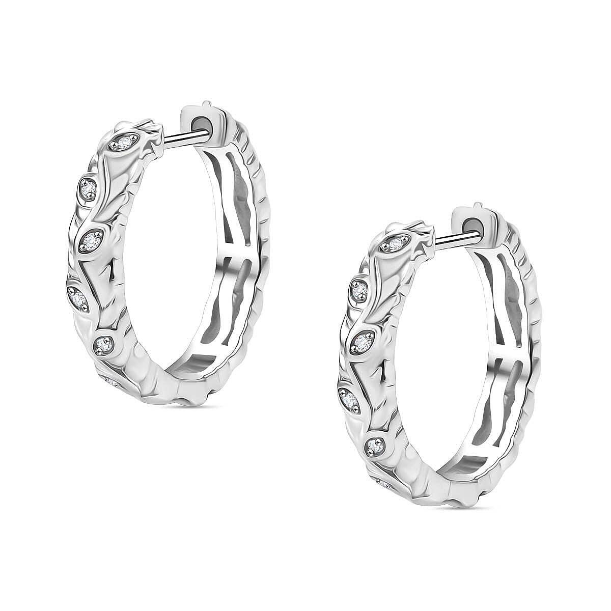 White Diamond J Hoop Half Hoop Earring with Clasp in Rhodium Overlay Sterling Silver 0.15 Ct.