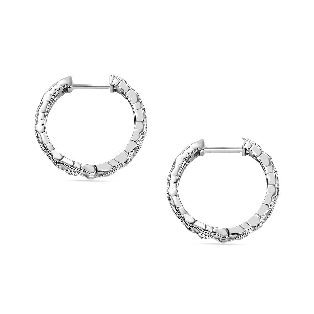 White Diamond J Hoop Half Hoop Earring with Clasp in Rhodium Overlay Sterling Silver 0.15 Ct.