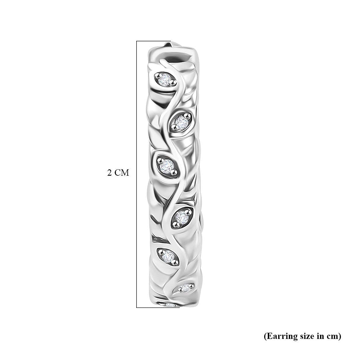 White Diamond J Hoop Half Hoop Earring with Clasp in Rhodium Overlay Sterling Silver 0.15 Ct.