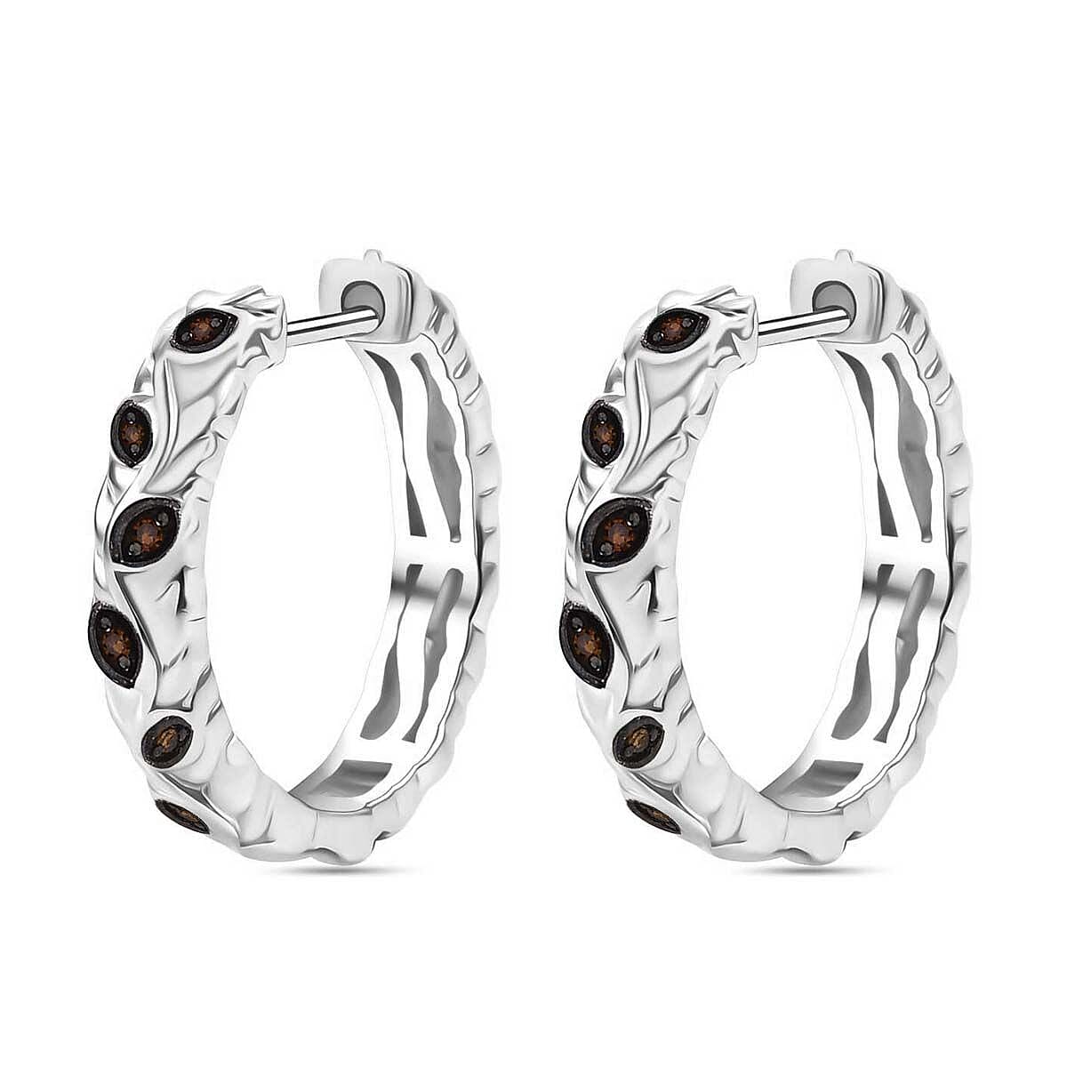 Red Diamond J Hoop Half Hoop Earring with Clasp in Rhodium Overlay Sterling Silver 0.15 Ct.
