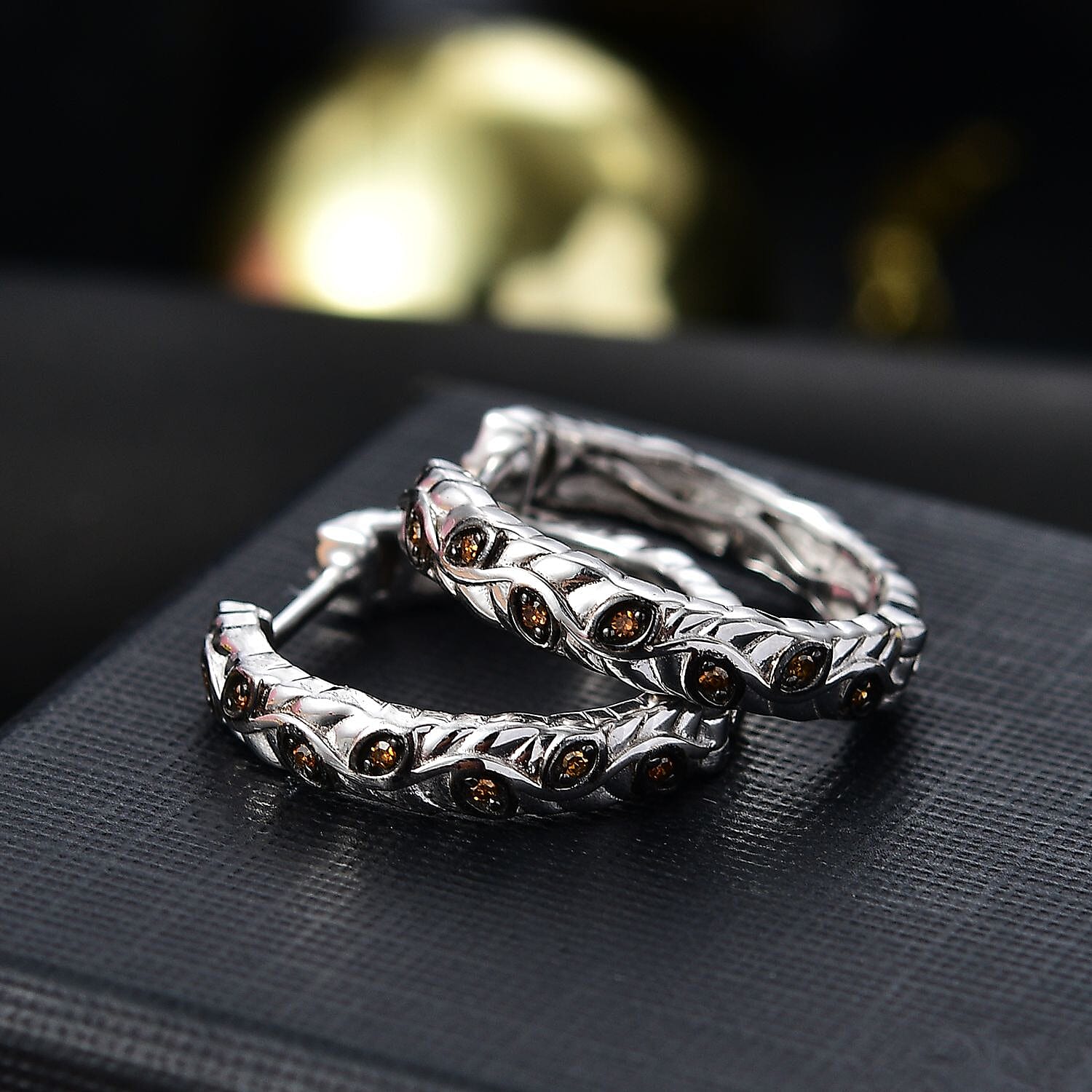 Red Diamond J Hoop Half Hoop Earring with Clasp in Rhodium Overlay Sterling Silver 0.15 Ct.