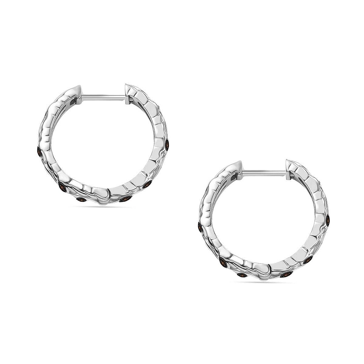 Red Diamond J Hoop Half Hoop Earring with Clasp in Rhodium Overlay Sterling Silver 0.15 Ct.
