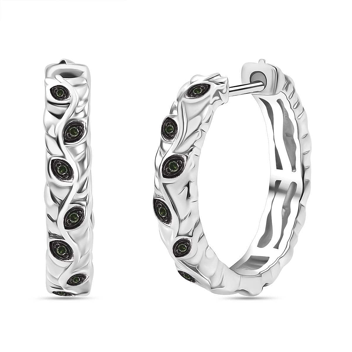 Green Diamond J Hoop Half Hoop Earring with Clasp in Rhodium Overlay Sterling Silver 0.15 Ct.