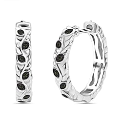 White Diamond J Hoop Half Hoop Earring with Clasp in Rhodium Overlay Sterling Silver