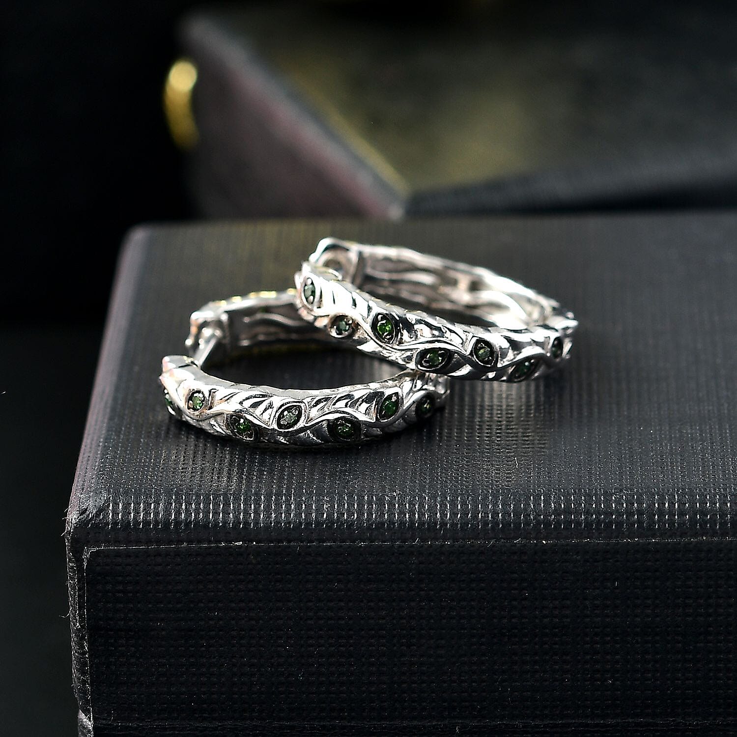 Green Diamond J Hoop Half Hoop Earring with Clasp in Rhodium Overlay Sterling Silver 0.15 Ct.