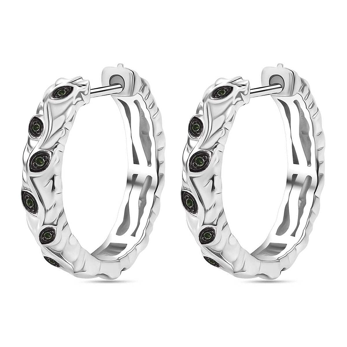 Green Diamond J Hoop Half Hoop Earring with Clasp in Rhodium Overlay Sterling Silver 0.15 Ct.