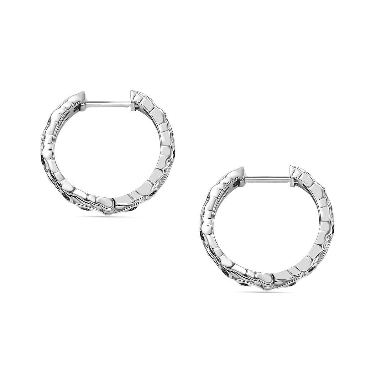 Green Diamond J Hoop Half Hoop Earring with Clasp in Rhodium Overlay Sterling Silver 0.15 Ct.