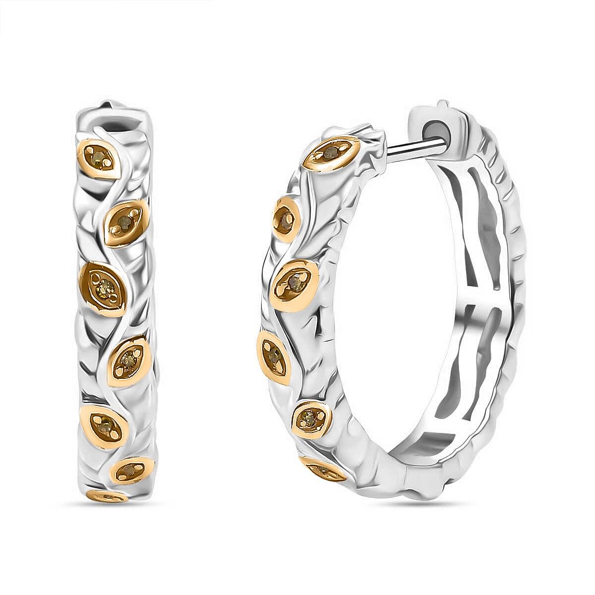 Yellow Diamond J Hoop Half Hoop Earring with Clasp in Rhodium Overlay Sterling Silver 0.15 Ct.