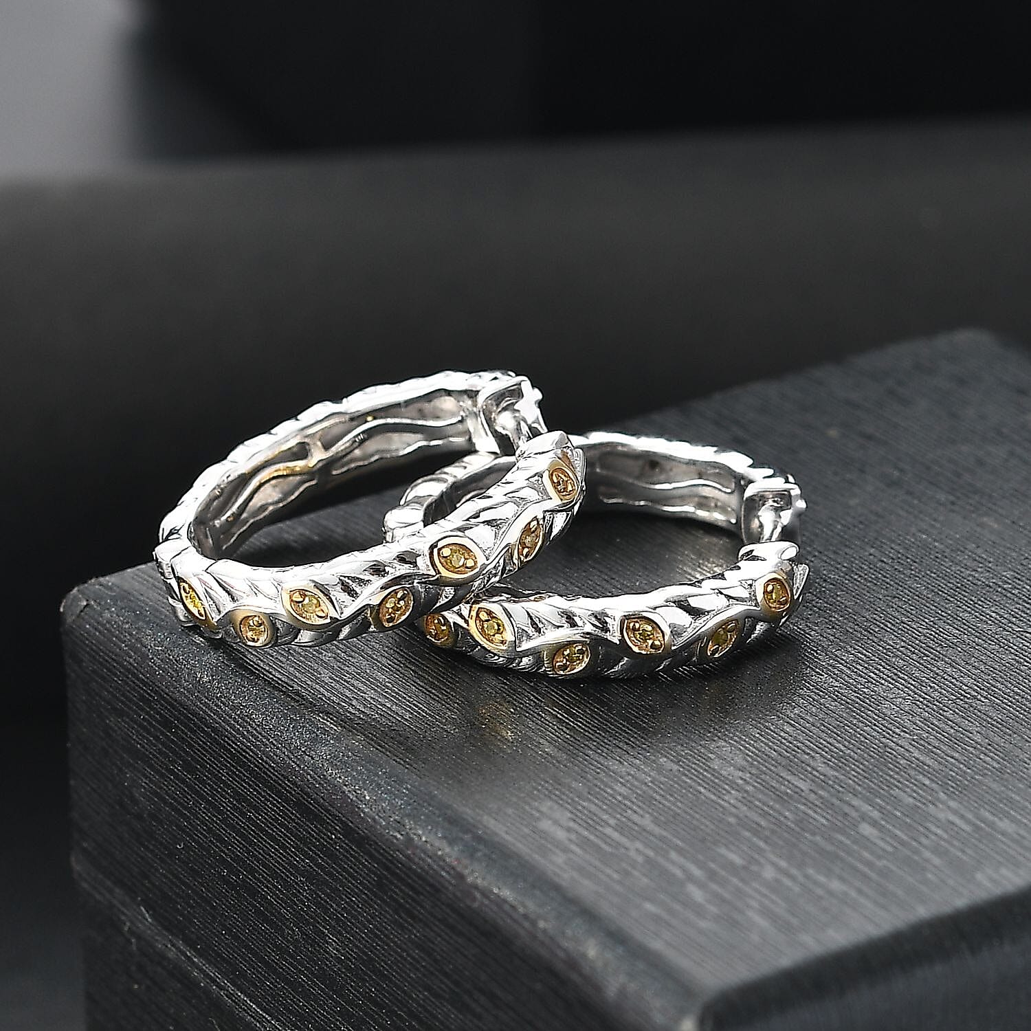 Yellow Diamond J Hoop Half Hoop Earring with Clasp in Rhodium Overlay Sterling Silver 0.15 Ct.