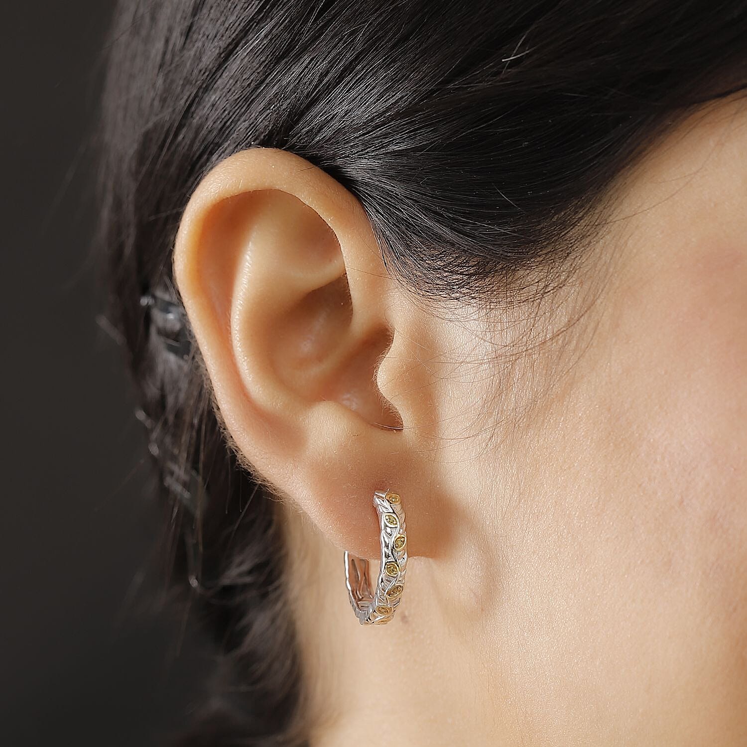 Yellow Diamond J Hoop Half Hoop Earring with Clasp in Rhodium Overlay Sterling Silver 0.15 Ct.