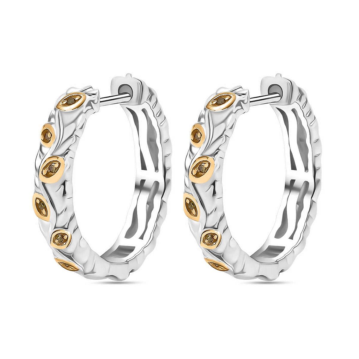 Yellow Diamond J Hoop Half Hoop Earring with Clasp in Rhodium Overlay Sterling Silver 0.15 Ct.