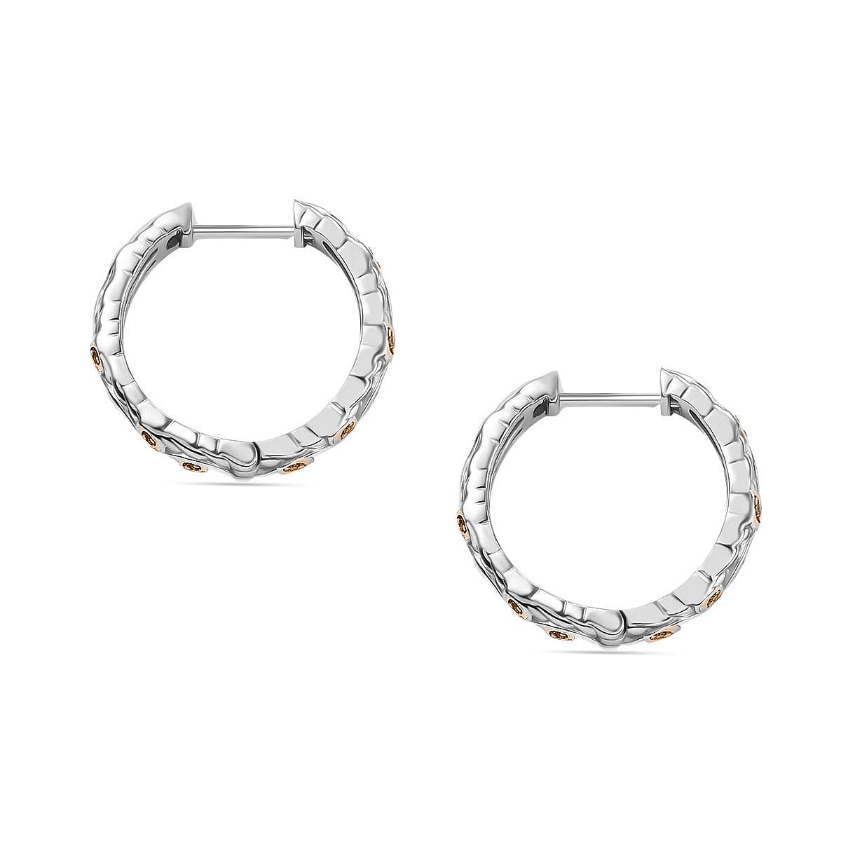 Yellow Diamond J Hoop Half Hoop Earring with Clasp in Rhodium Overlay Sterling Silver 0.15 Ct.