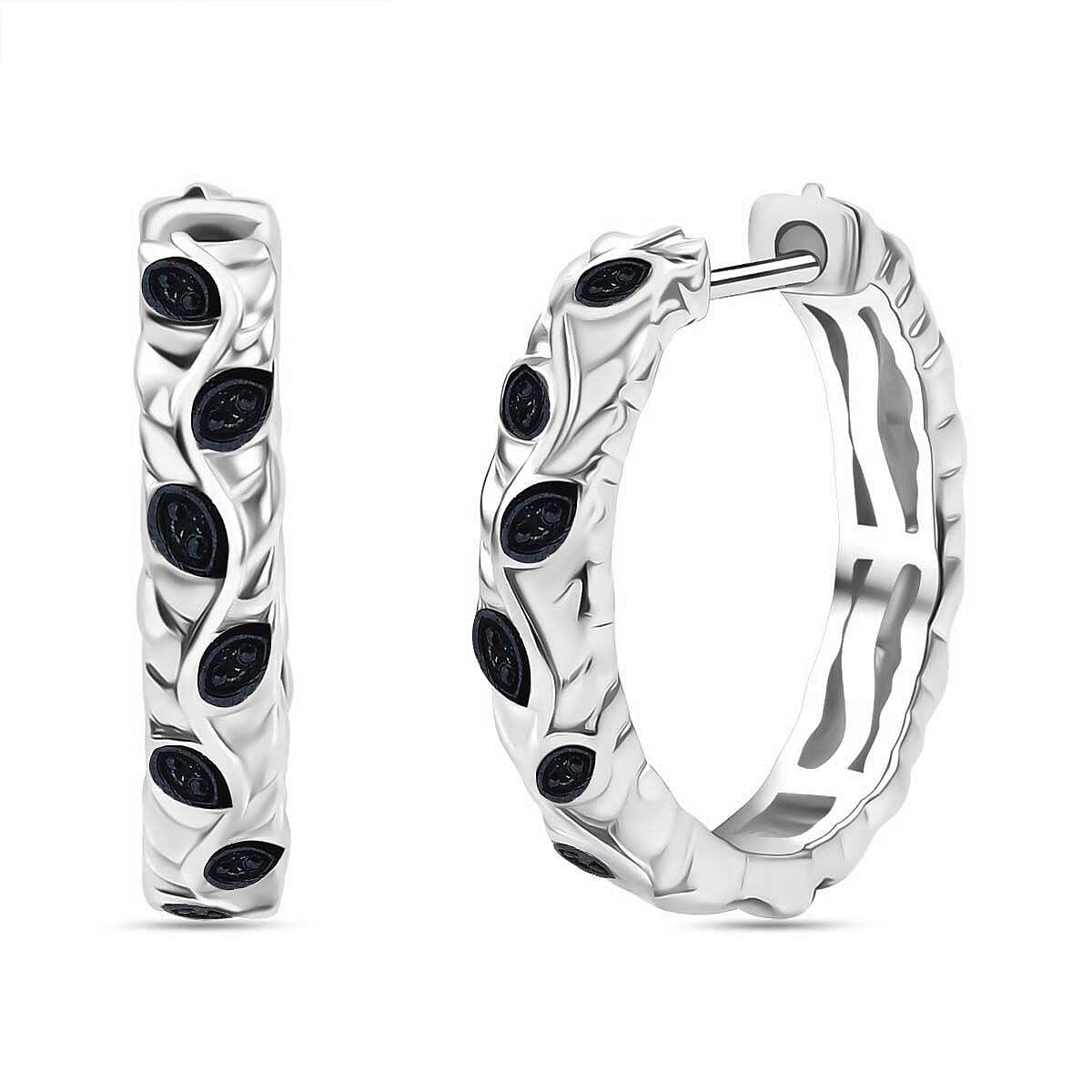 Blue Diamond J Hoop Half Hoop Earring with Clasp in Rhodium Overlay Sterling Silver 0.15 Ct.