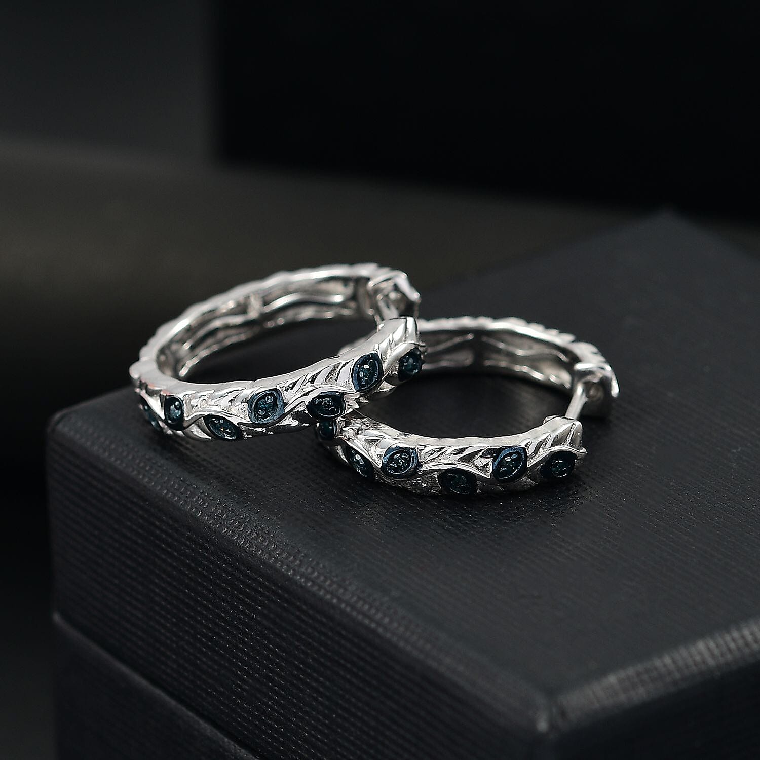 Blue Diamond J Hoop Half Hoop Earring with Clasp in Rhodium Overlay Sterling Silver 0.15 Ct.