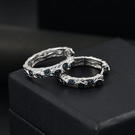 Blue Diamond J Hoop Half Hoop Earring with Clasp in Rhodium Overlay Sterling Silver 0.15 Ct.