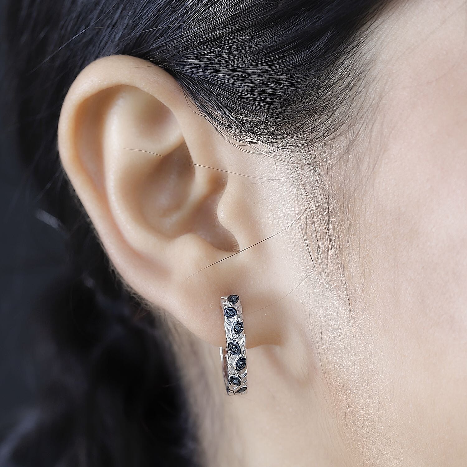 Blue Diamond J Hoop Half Hoop Earring with Clasp in Rhodium Overlay Sterling Silver 0.15 Ct.