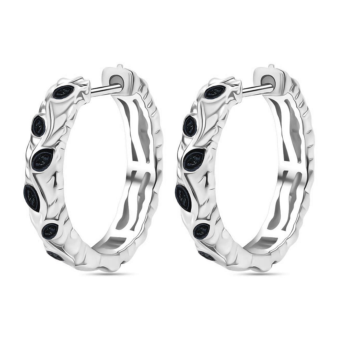 Blue Diamond J Hoop Half Hoop Earring with Clasp in Rhodium Overlay Sterling Silver 0.15 Ct.