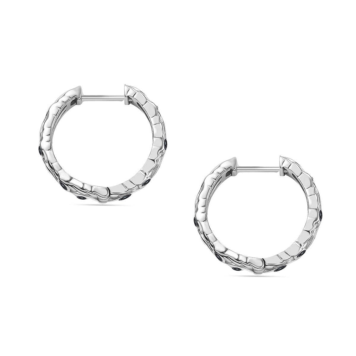 Blue Diamond J Hoop Half Hoop Earring with Clasp in Rhodium Overlay Sterling Silver 0.15 Ct.