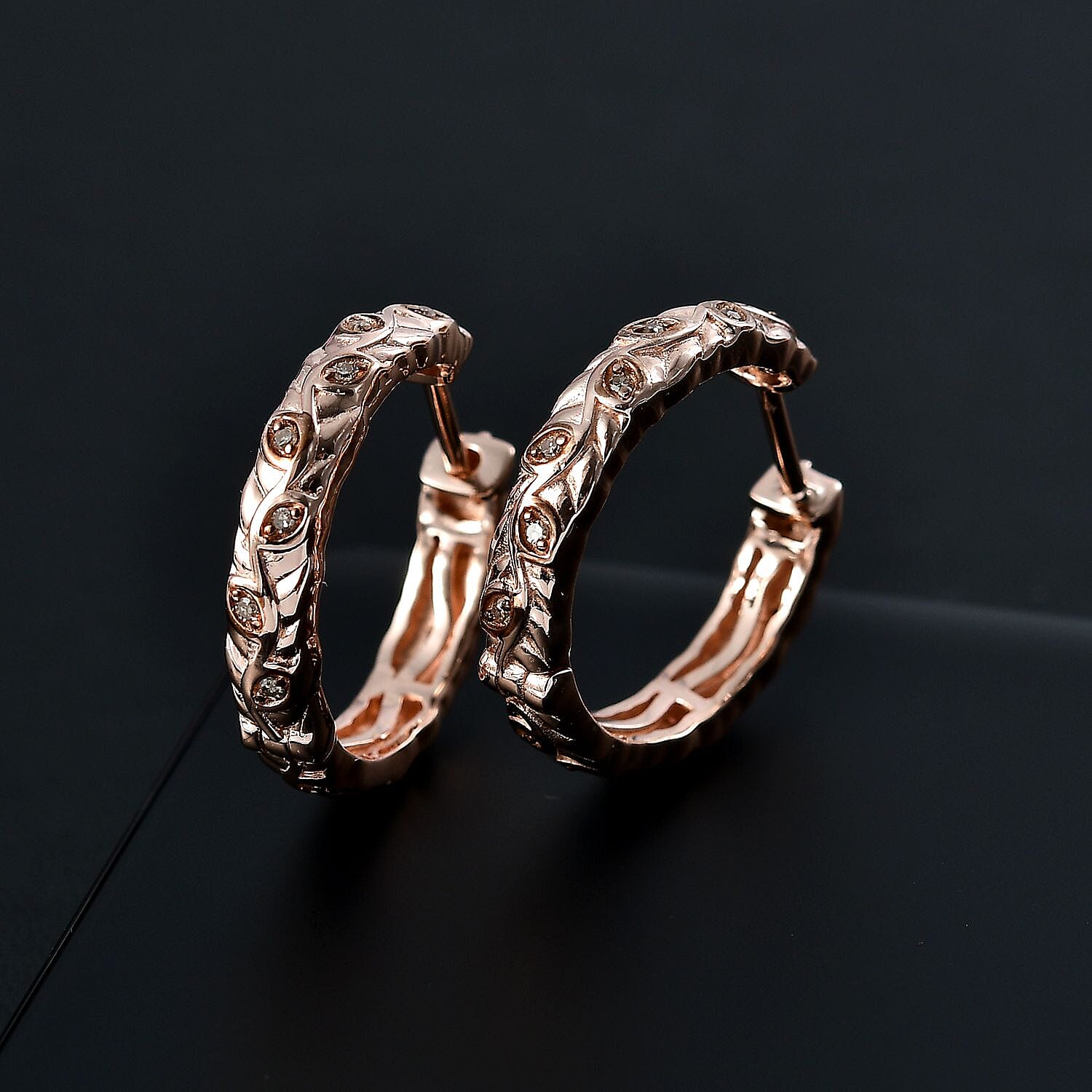 Champagne Diamond J Hoop Half Hoop Earring with Clasp in 18K Vermeil Rose Gold Plated Sterling Silver 0.15 Ct.