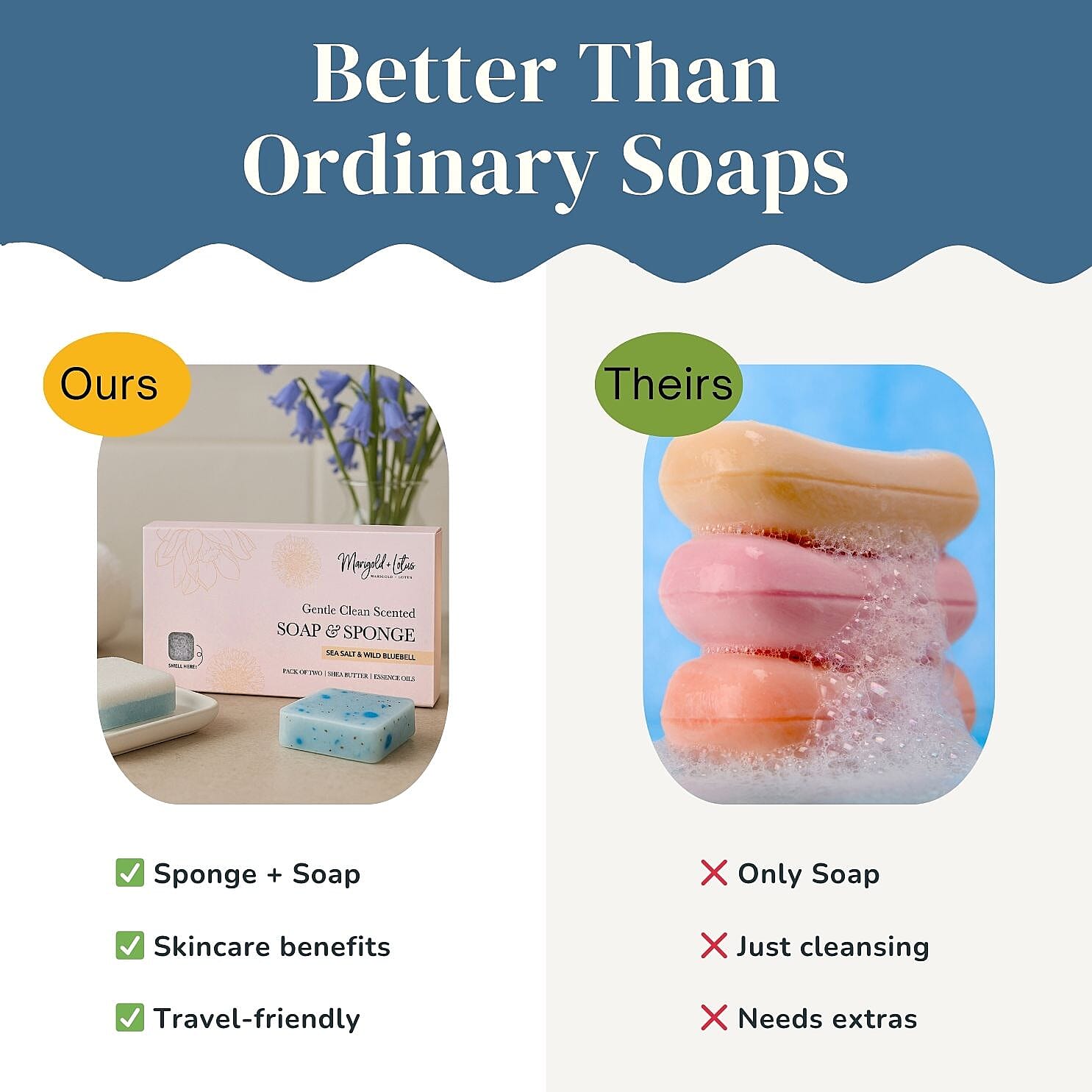 Marigold & Lotus Set of 2 Gentle Clean Scented Soap & Sponge - Sea Salt & Wild Bluebell