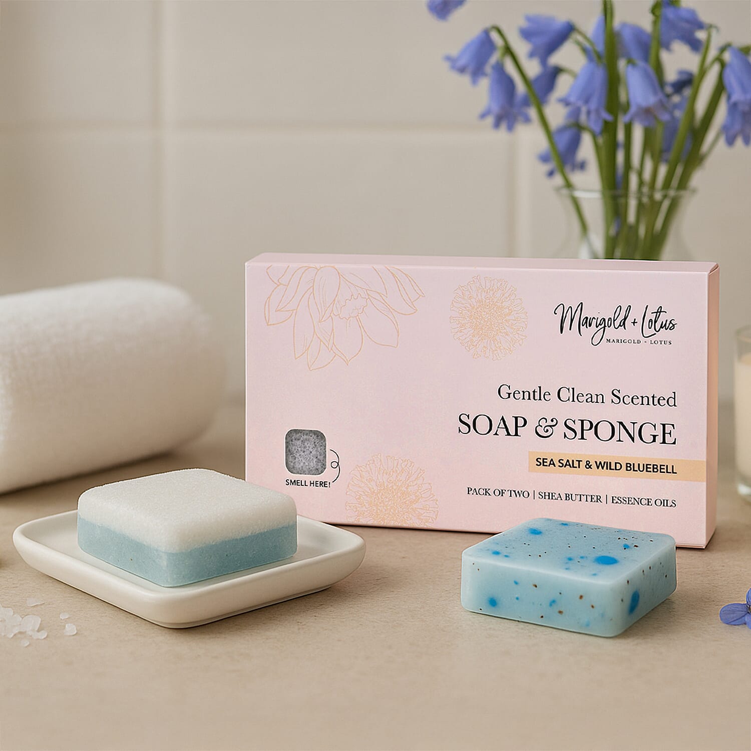 Marigold & Lotus Set of 2 Gentle Clean Scented Soap & Sponge - Sea Salt & Wild Bluebell