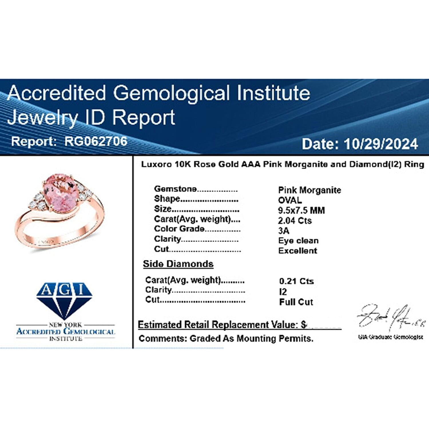 Luxoro  10K Rose Gold  AAA   Pink Morganite ,  White Diamond  I2 Ring 2.25 ct,  Gold Wt. 3.67 Gms  2.250  Ct.