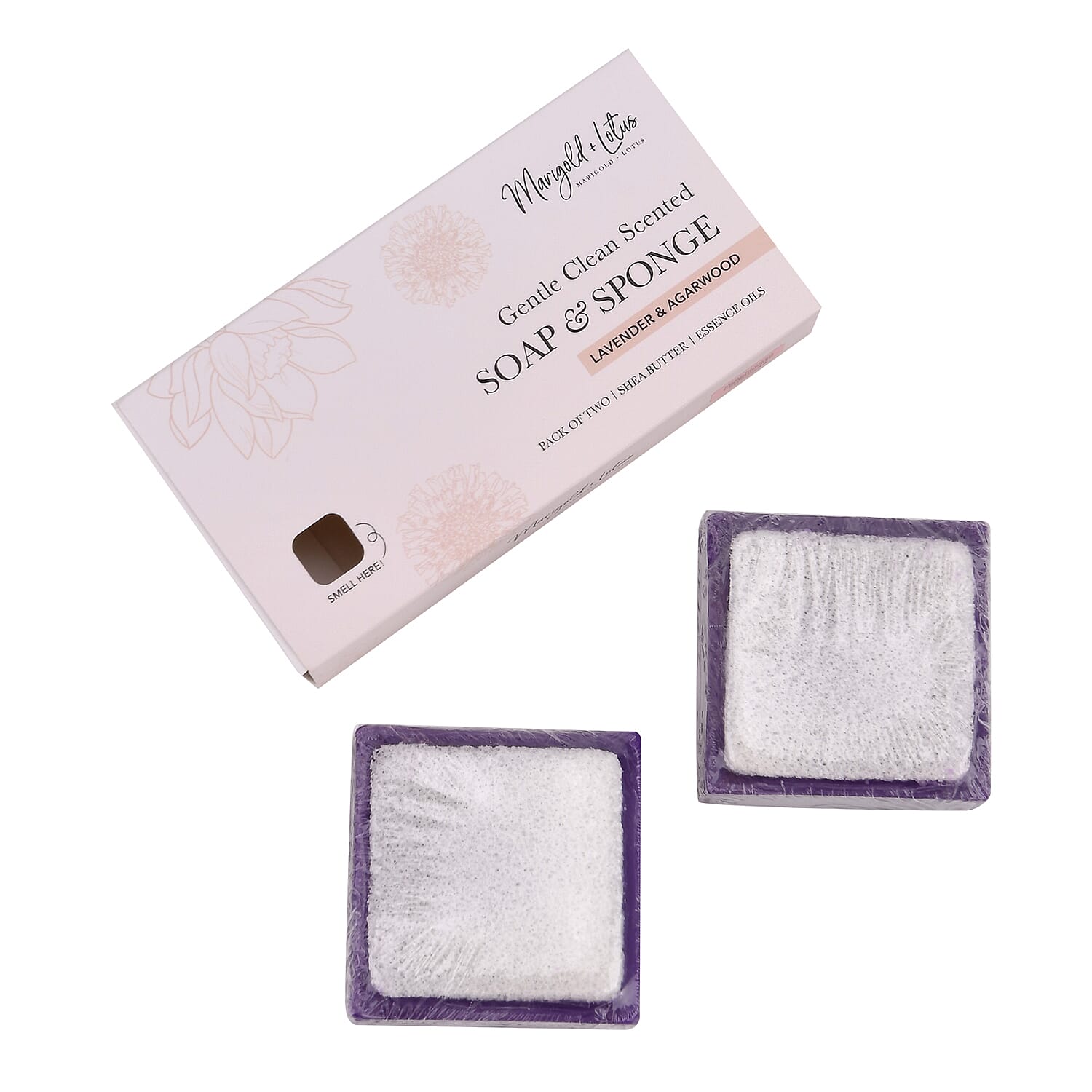 Marigold & Lotus Set of 2 Gentle Clean Scented Soap & Sponge - Lavender & Agarwood Oud
