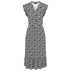 Emreco Printed V-Neck Sleeveless Tie Waist Ruffle Armhole Tiered Midi Dress