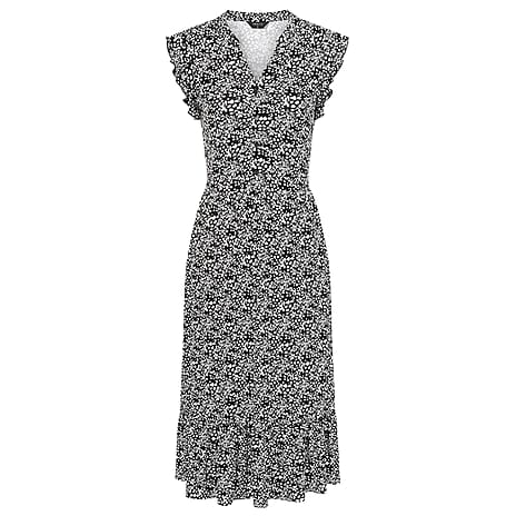 Emreco Abstract Animal Print V-Neck Sleeveless Tie Waist Ruffle Armhole Tiered Midi Dress (Size 12) - Black