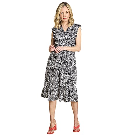 Emreco Abstract Animal Print V-Neck Sleeveless Tie Waist Ruffle Armhole Tiered Midi Dress (Size 12) - Black