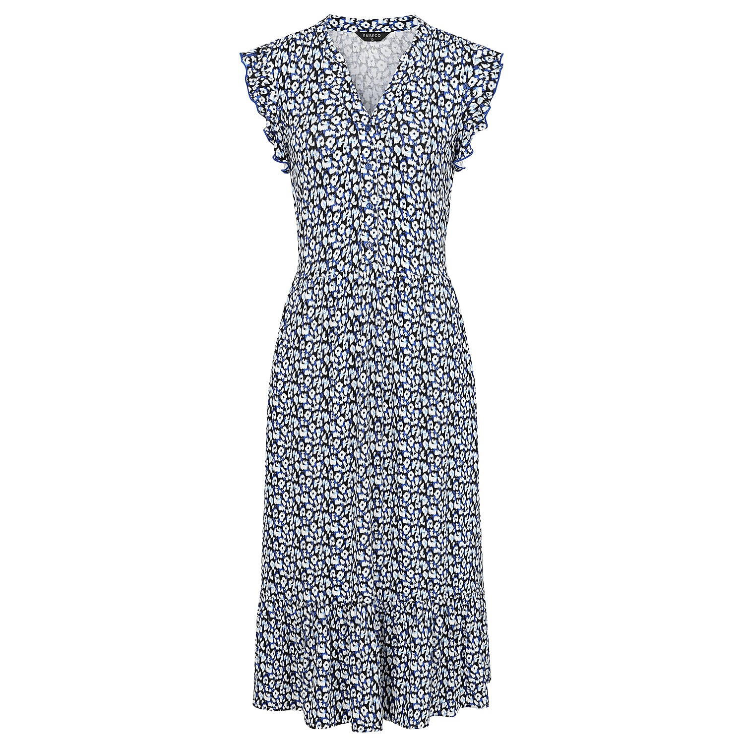 Emreco Printed V-Neck Sleeveless Tie Waist Ruffle Armhole Tiered Midi Dress