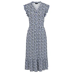 Emreco Printed V-Neck Sleeveless Tie Waist Ruffle Armhole Tiered Midi Dress