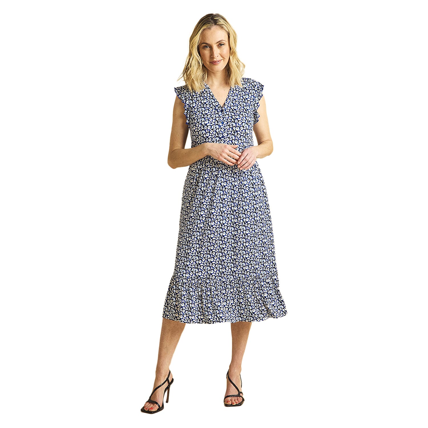 Emreco Printed V-Neck Sleeveless Tie Waist Ruffle Armhole Tiered Midi Dress