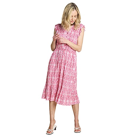 Emreco Sleeveless Tie Waist Geo Tile Print Midi Dress (Size - 20) - Pink