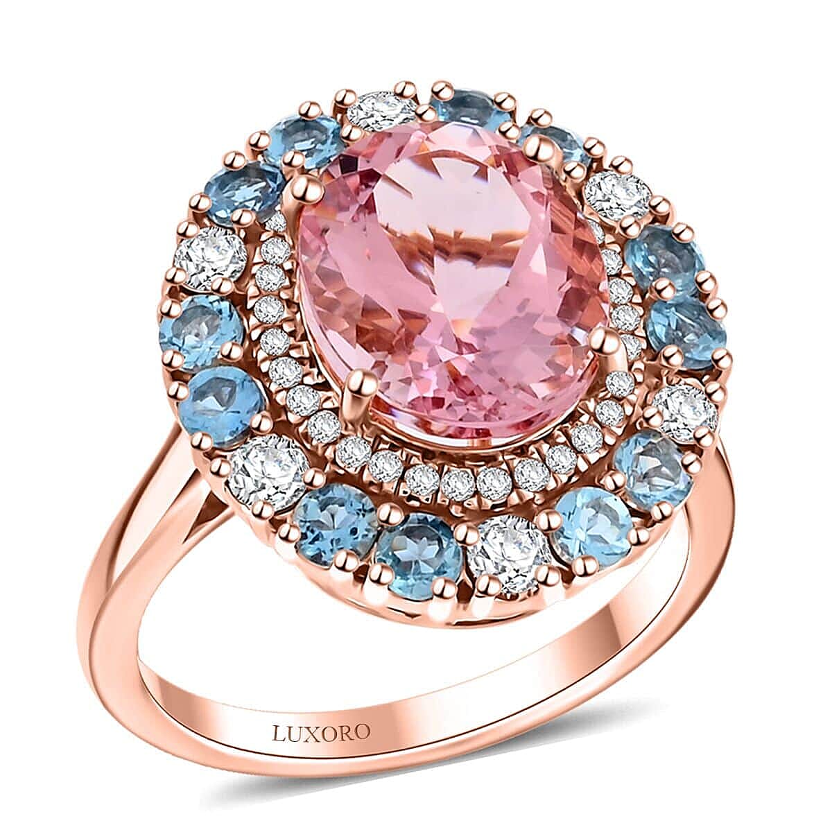 Luxoro  10K Rose Gold  AAA   Pink Morganite ,  Santamaria Aquamarine ,  White Diamond  I2 Ring 4.85 ct,  Gold Wt. 5.54 Gms  4.850  Ct.