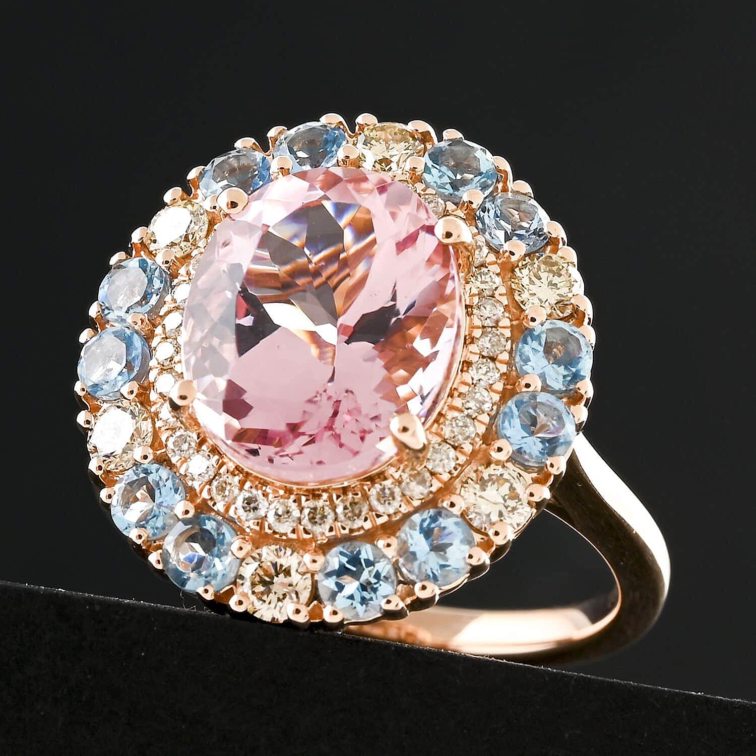 Luxoro  10K Rose Gold  AAA   Pink Morganite ,  Santamaria Aquamarine ,  White Diamond  I2 Ring 4.85 ct,  Gold Wt. 5.54 Gms  4.850  Ct.