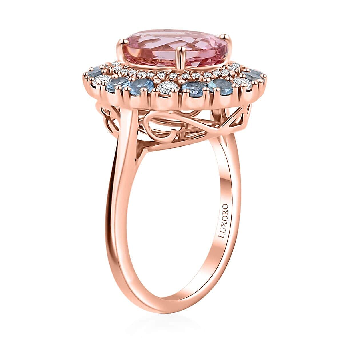 Luxoro  10K Rose Gold  AAA   Pink Morganite ,  Santamaria Aquamarine ,  White Diamond  I2 Ring 4.85 ct,  Gold Wt. 5.54 Gms  4.850  Ct.