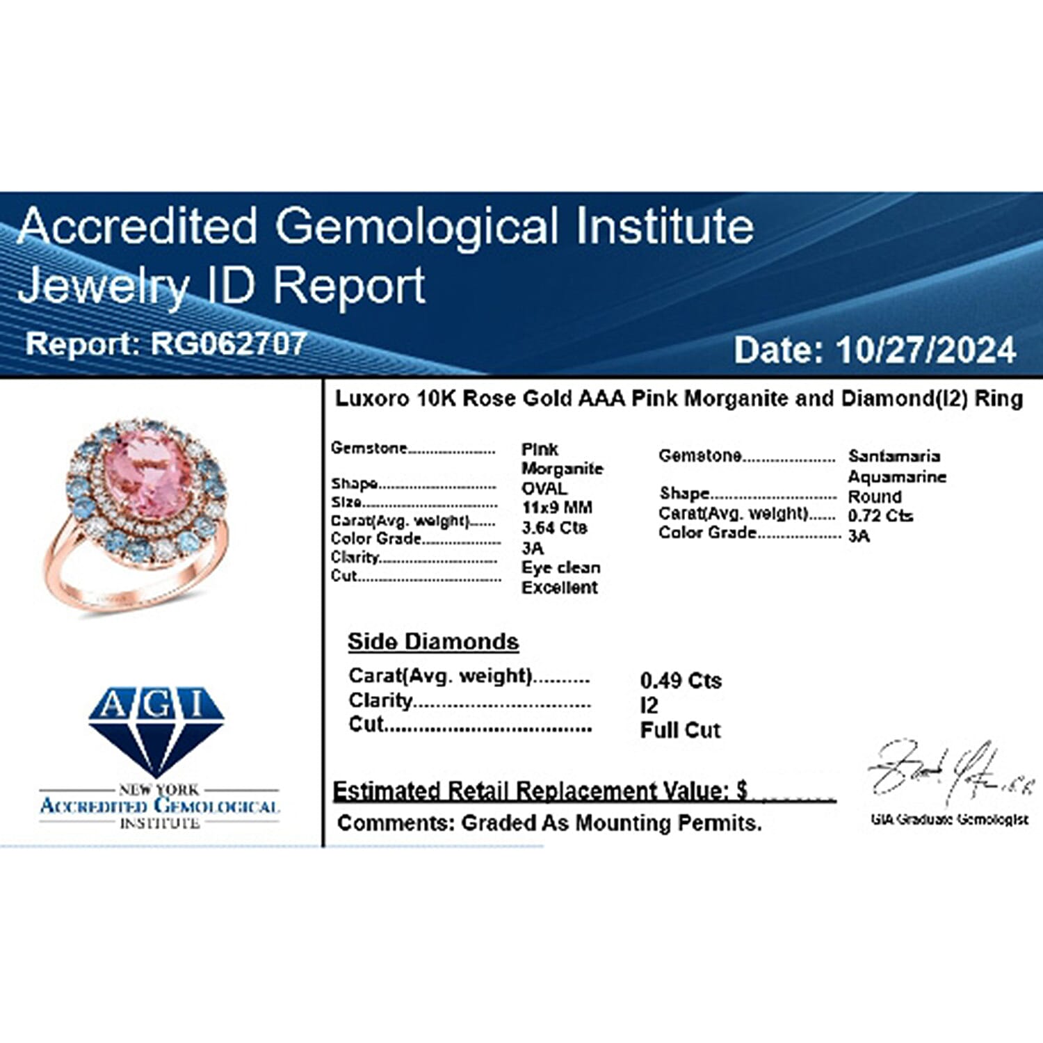 Luxoro  10K Rose Gold  AAA   Pink Morganite ,  Santamaria Aquamarine ,  White Diamond  I2 Ring 4.85 ct,  Gold Wt. 5.54 Gms  4.850  Ct.