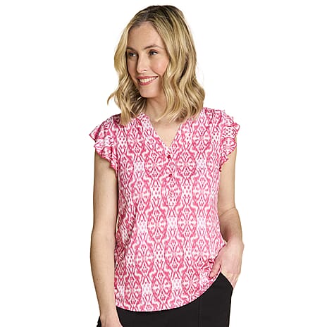 Emreco Stylish Ikat Print Inspired V-Neck Flutter Sleeve Top ( Size - 16 ) - Pink